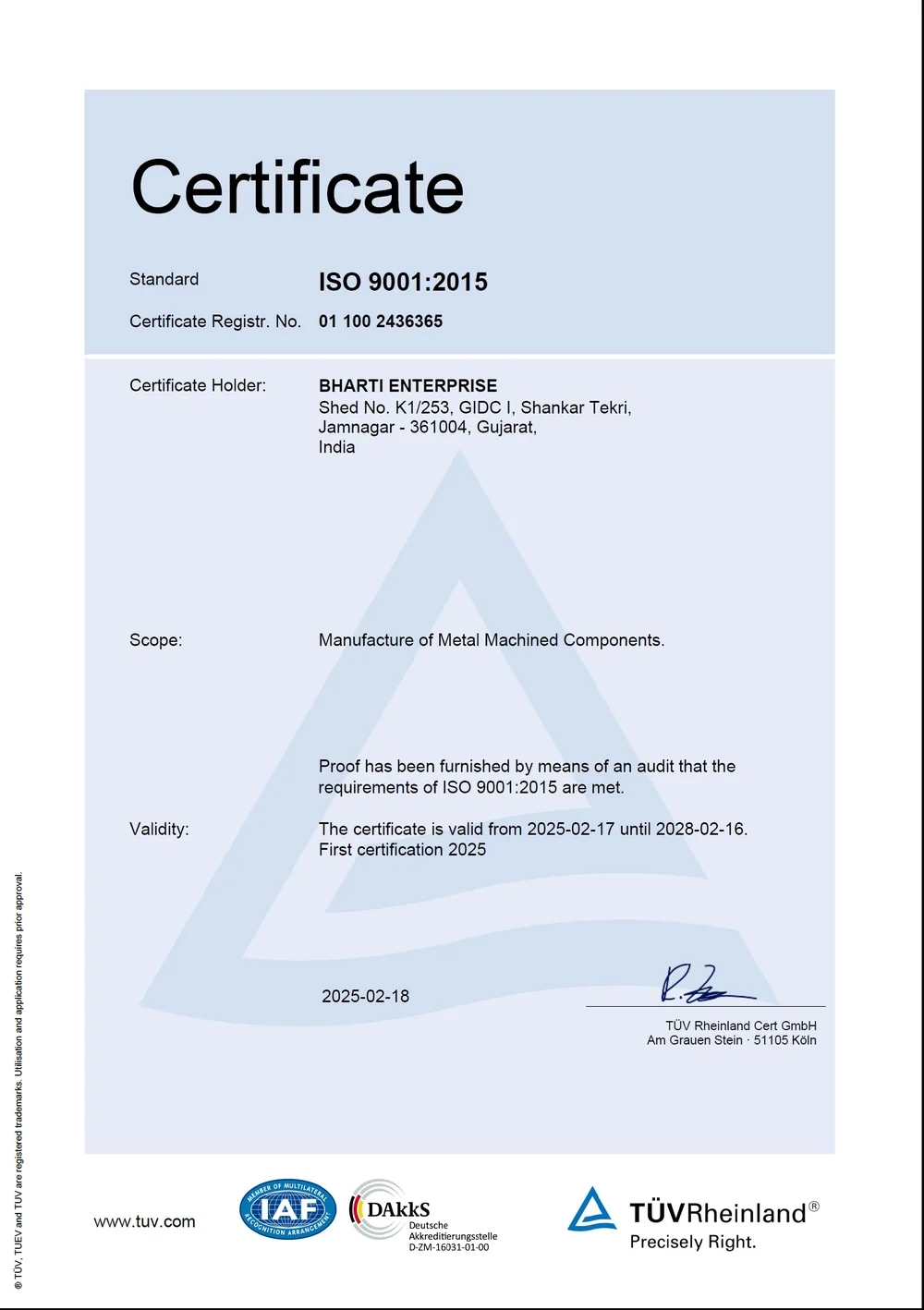 ISO 9001:2015 certificate — Bharti Enterprise