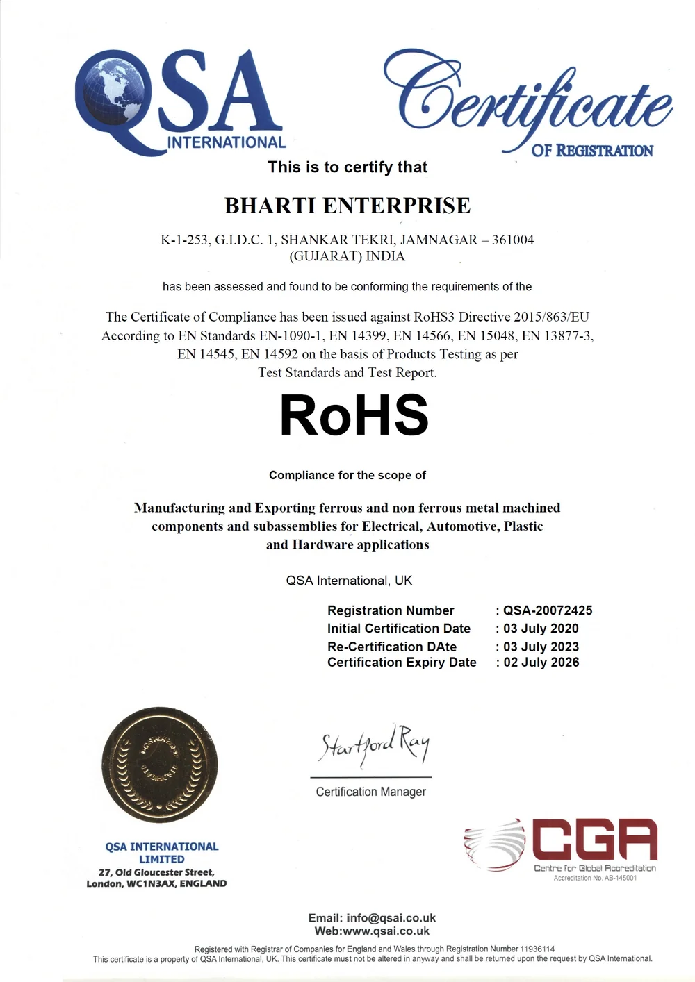 RoHS Compliant certificate — Bharti Enterprise